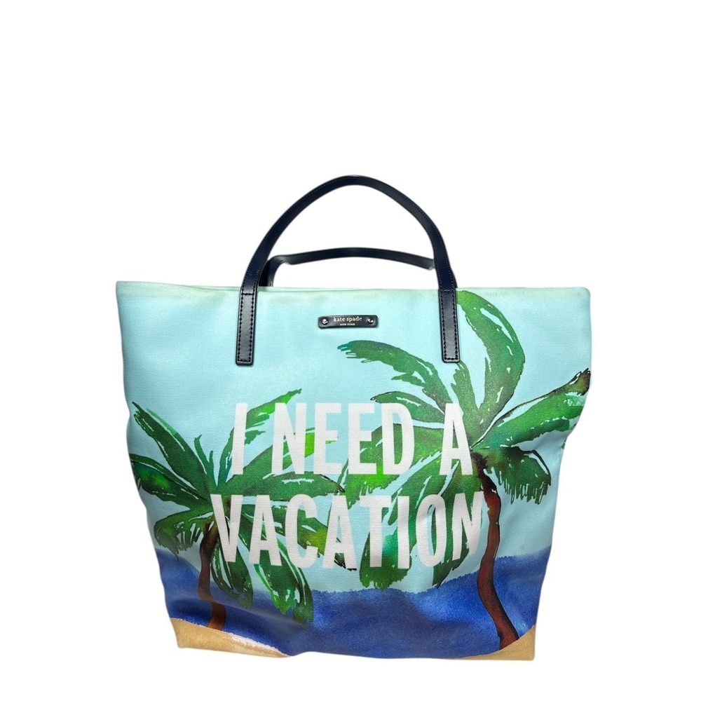 Kate Spade "I Need A Vacation" Palm Tree Ocean Beach Print Bon Shopper Tote Bag - Picture 2 of 16